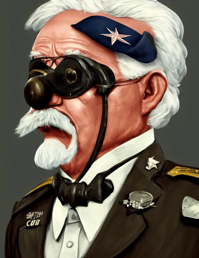 Image similar to a portrait of colonel sanders wearing a military uniform and an eyepatch, by moebius and tyler edlin and hr giger, trending on artstation, digital art, 4 k resolution, detailed, high quality, sharp focus, hq artwork, coherent, insane detail, concept art