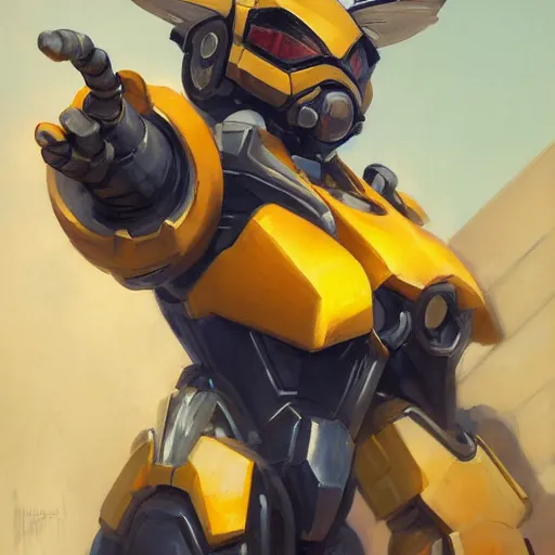 Image similar to greg manchess portrait painting of bumblebee the transformer as overwatch character, medium shot, asymmetrical, profile picture, organic painting, sunny day, matte painting, bold shapes, hard edges, street art, trending on artstation, by huang guangjian, gil elvgren, ruan jia, greg rutkowski, gaston bussiere