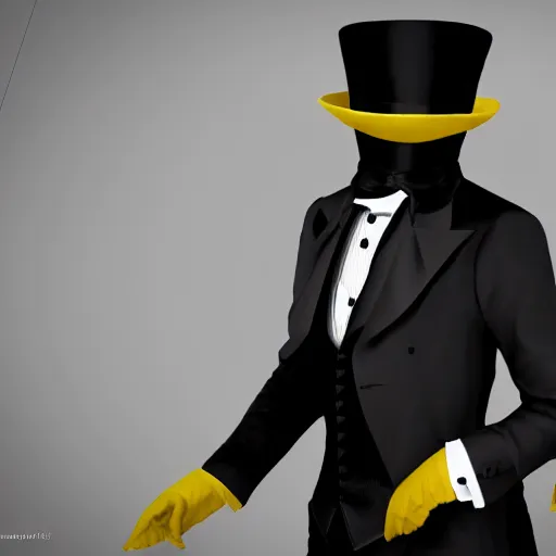 Image similar to a highly detailed portrait of a man in a high top hat covering his face, in a black tailcoat with a yellow waistcoat under the tailcoat, artstation, deviantart, professional, unreal engine 5, photorealistic