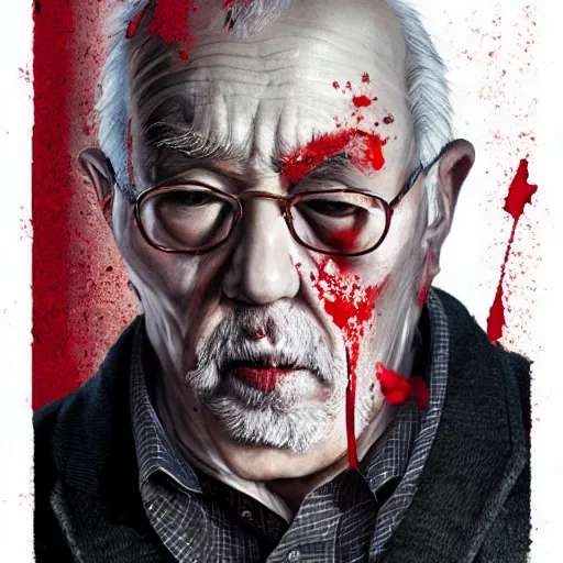 Image similar to old man cover with bloods, art by joongwon charles jeong, tjalf sparnaay, gottfried helnwein, roberto bernardi, emanuele dascanio, robin eley, eloy morales