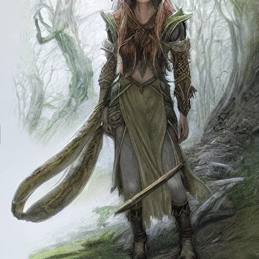 Prompt: A young elven female druid traveling trough the forest + concept art + detailed character portrait + James Gurney