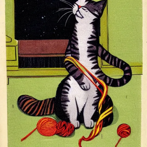 Prompt: cat playing with yarn, Vintage Magazine Illustration