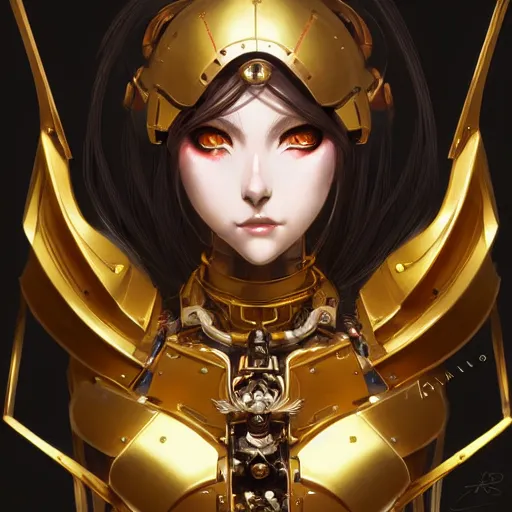 Image similar to anime girl robot warhammer 4 0 k emperor, gold, portrait, intricate, elegant, highly detailed, digital painting, artstation, concept art, wallpaper, smooth, sharp focus, illustration, art by h. r. giger and artgerm and greg rutkowski and alphonse mucha