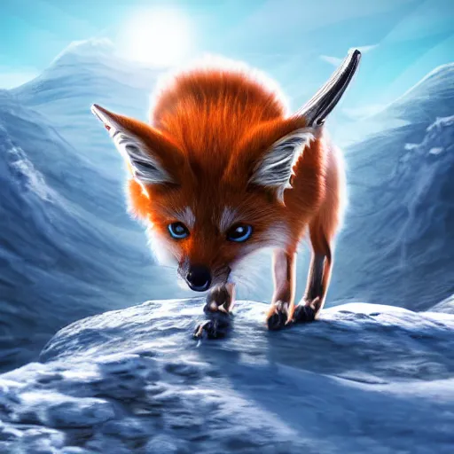 Prompt: alien ice fox walking through mountains, amazing landscape, 8k, digital art