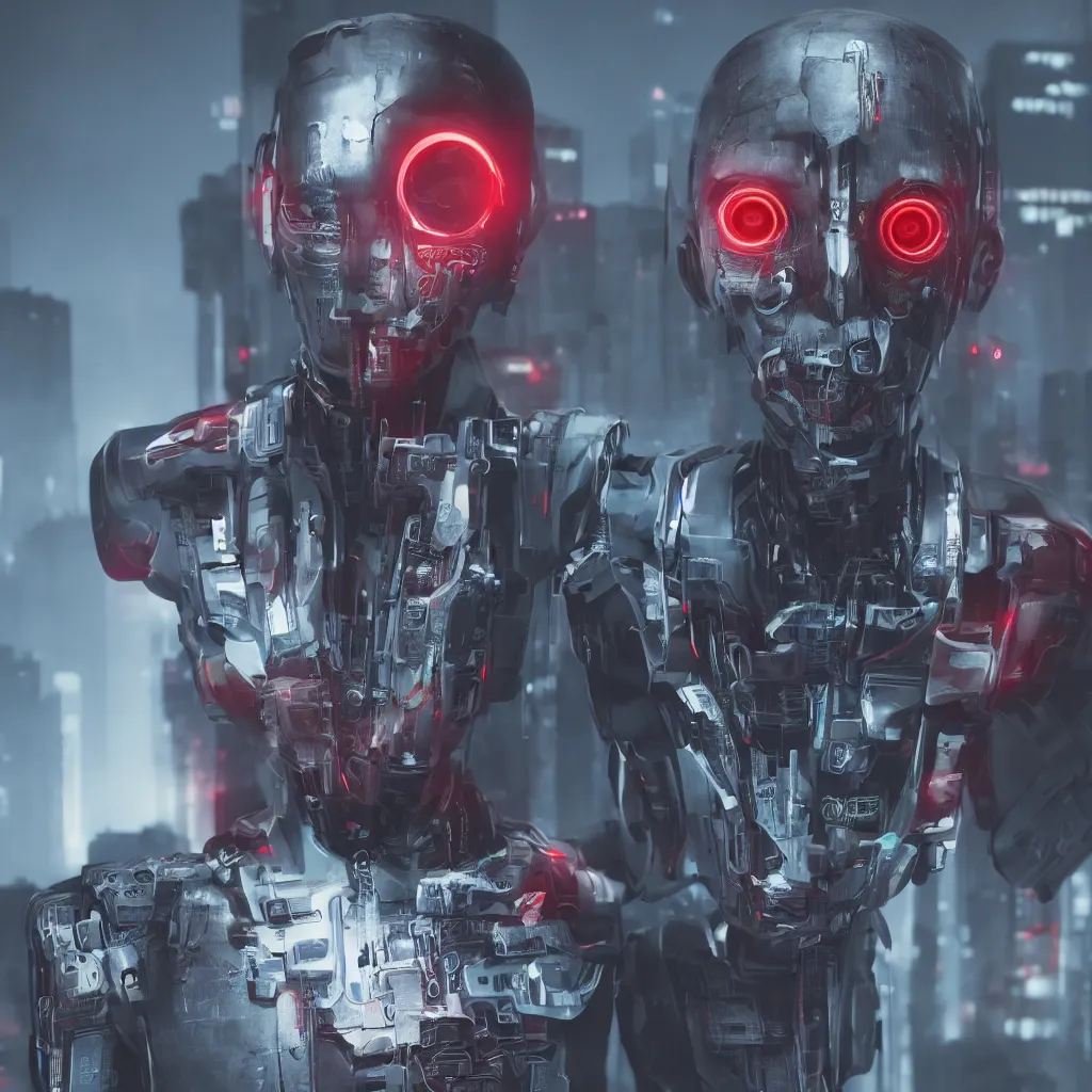 Image similar to a cyberpunk portait of a robot with red eyes, highly detailed, octane render, cyberpunk, high quality, 8K HDR, unreal engine 5,psycho