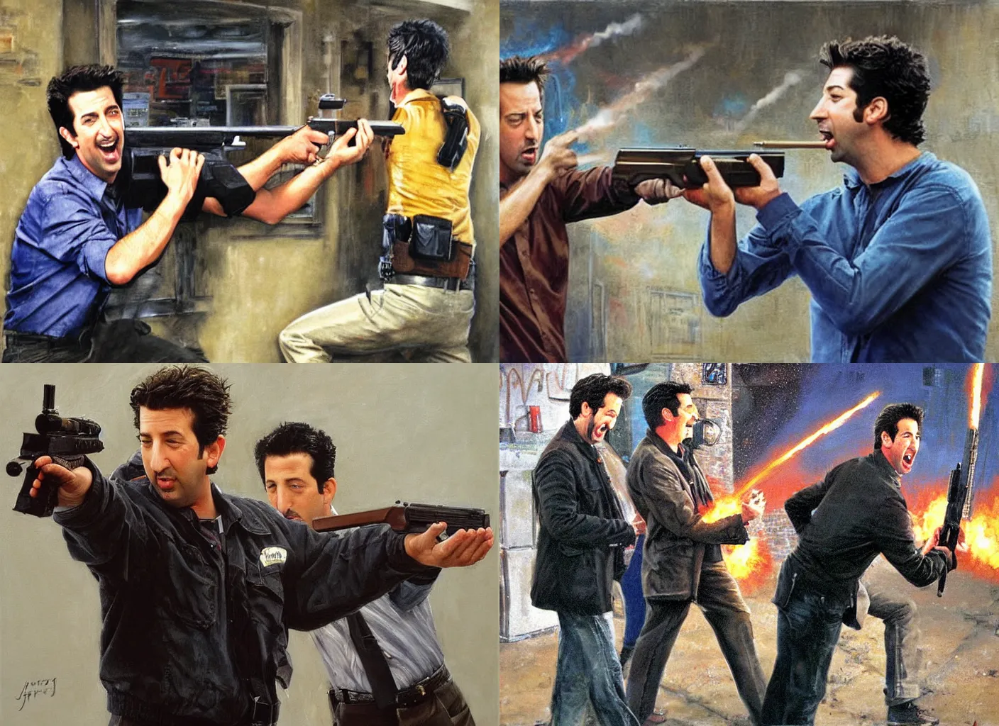 Prompt: young Matthew Perry firing a pistol at david schwimmer, muzzle flash, David schwimmer screaming, Matthew Perry laughing, 'friends' tv show episode, epic painting by James gurney