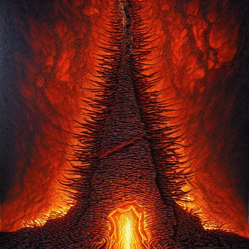 Image similar to Burning hellscape. Highly Detailed. Masterpiece. By Jeffrey Smith