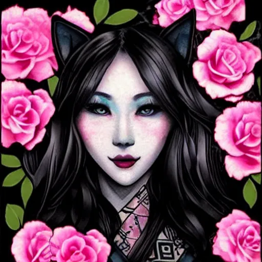 Image similar to tattoo design, stencil, cat girl, portrait of a beautiful japanese girls face framed by roses by artgerm, artgerm