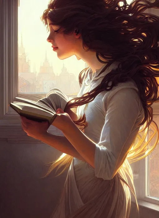 Image similar to a girl reading a book, her hair flowing down, intricate, highly detailed, dynamic lighting, digital art, digital painting, artstation, wlop, sharp focus, illustration, art by artgerm and greg rutkowski and alphonse mucha