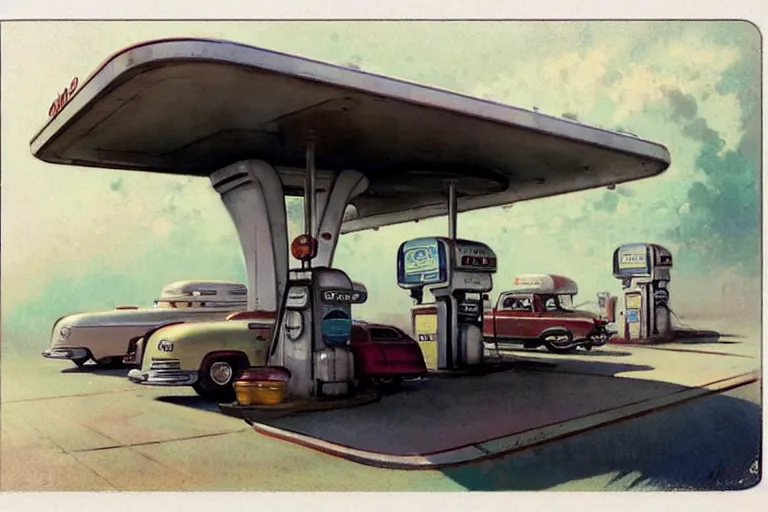 Prompt: ( ( ( ( ( 1 9 5 0 s retro science fiction gas station. muted colors. ) ) ) ) ) by jean - baptiste monge!!!!!!!!!!!!!!!!!!!!!!!!!!!!!!