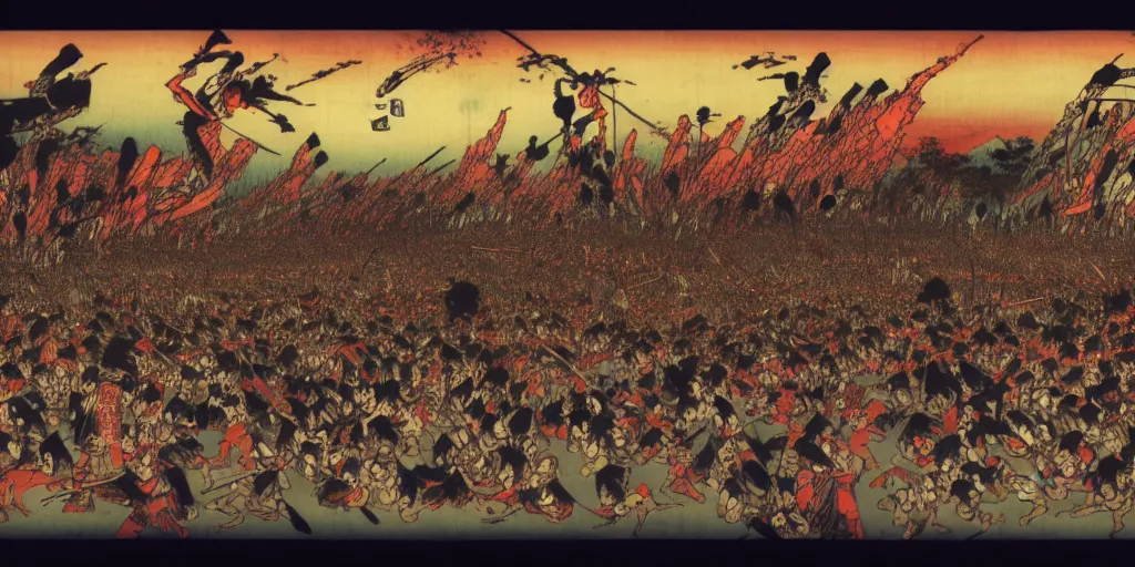 Image similar to an army of undead, at dusk, by Utagawa Kuniyoshi, dramatic lighting, high contrast colors, panoramic view, as trending on Artstation,