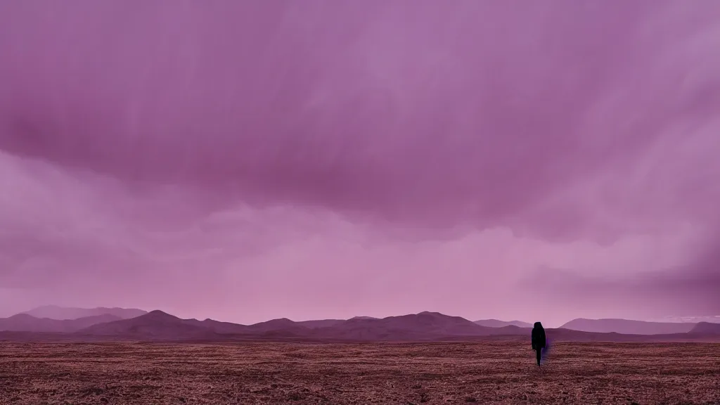 Image similar to a lone figure at the distance on soft glow pink desert with snow mountains and cloudy skies, purple fog, thunderstorms in the distance, long exposure, detailed, hyper realistic, photorealism, landscape, ultra wide angle view, peaceful, cinematic, volumetric lighting, god ray through clouds