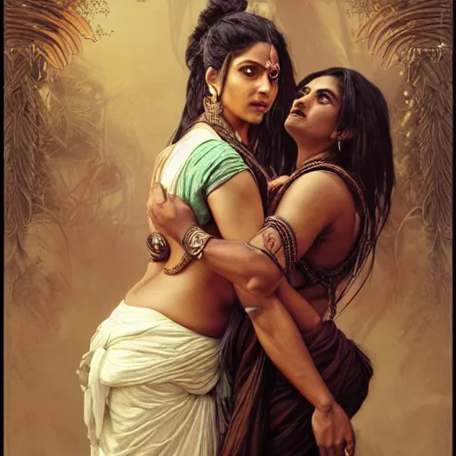 Image similar to portrait painting of dark muscular indian women hugging from behind, ultra realistic, concept art, intricate details, eerie, highly detailed, photorealistic, octane render, 8 k, unreal engine. art by artgerm and greg rutkowski and alphonse mucha