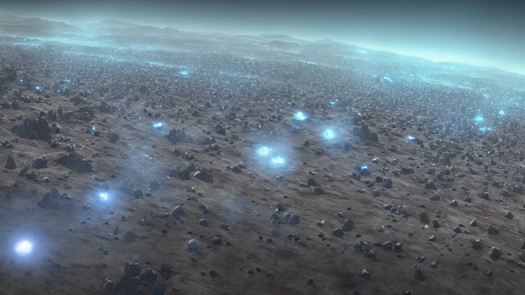 Prompt: distant planet earth desert wasteland with full planet in view, thousands of spaceships flying toward backward with blue flames,, hyperrealistic, Cryengine 8k UHD