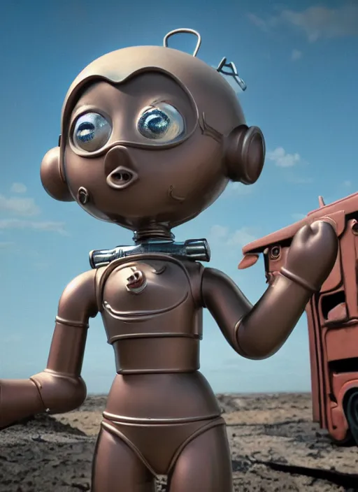 Prompt: highly detailed closeup, profile portrait of a tin toy 1 9 5 0 s nuclear disaster, bikini, unreal engine, nicoletta ceccoli, mark ryden, earl norem, lostfish, global illumination, detailed and intricate environment
