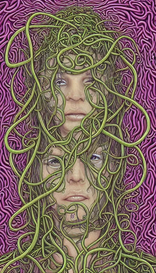 Image similar to very detailed portrait of a 2 0 years old girl surrounded by tentacles, the youg woman visage is blooming from fractal and vines, by alex grey,