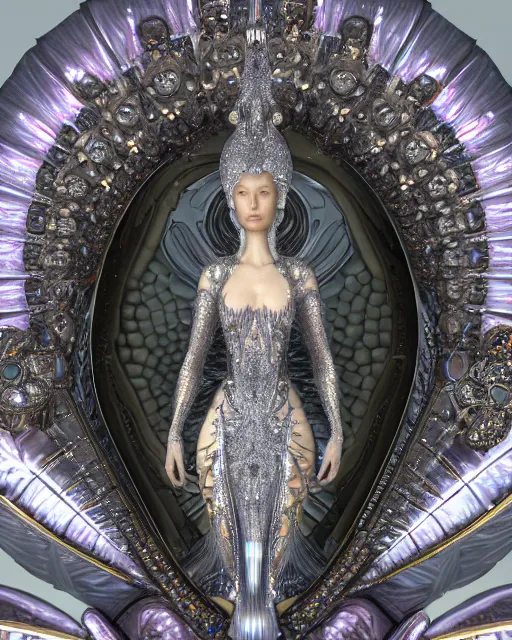 Image similar to a highly detailed metahuman 4 k close up render of an alien goddess bella hadid monument renaissance in iris van herpen dress schiaparelli in diamonds crystals swarovski and jewelry iridescent in style of alphonse mucha gustav klimt trending on artstation made in unreal engine 4