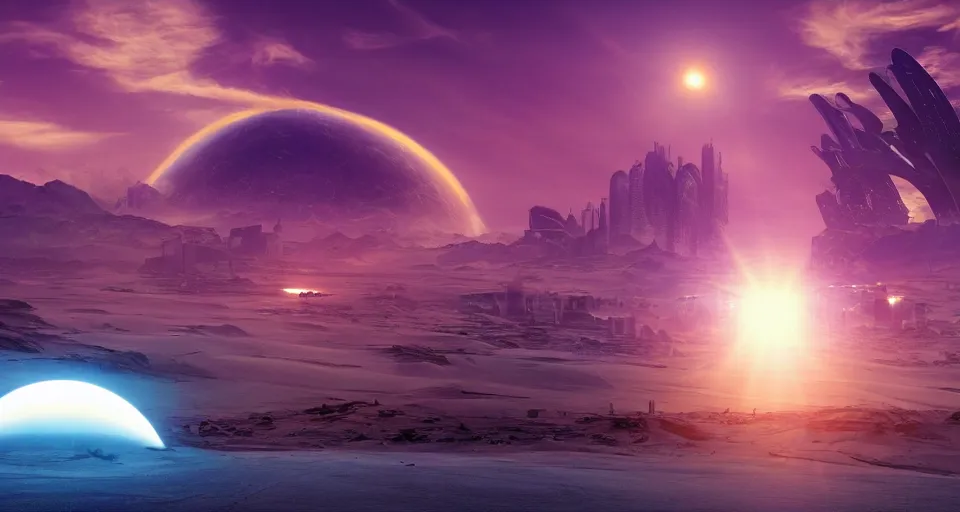 Image similar to Sci-fi landscape of a desert with two suns suns in the sky and futuristic city in the background, purple color-theme, cinematic, science-fiction art wallpaper, stunning digital art