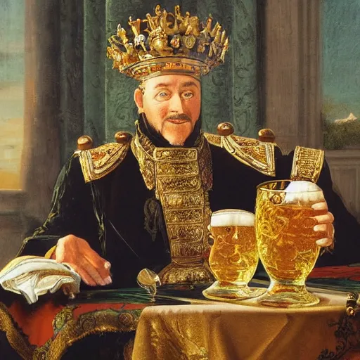 Prompt: A detailed oil painting of a majestic emperor toasting with a large beer mug made of crystal engraved with a large coat of arms by John Parrot and Robert Lefevre