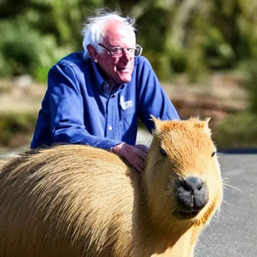 Prompt: Bernie Sanders riding a capybara anime