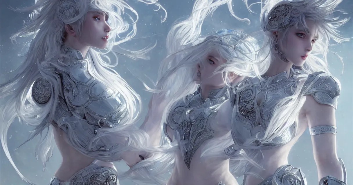 Image similar to white hair knight of zodiac girl, sliver ice color reflected armor, taekwondo dance in ruined agora of athens sunrise, ssci - fi and fantasy, intricate and very very beautiful and elegant, highly detailed, digital painting, artstation, concept art, smooth and sharp focus, illustration, art by tian zi and wlop and alphonse mucha