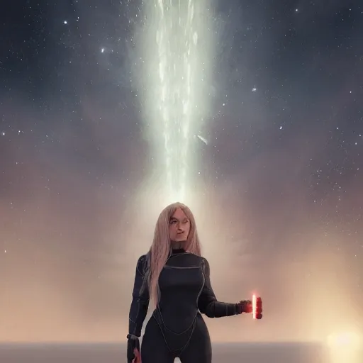 Image similar to pleiadian woman with big eyes and long silver hair wearing a dark body suit and holding a plasma gun standing in barren fields, portrait art by greg rutkowski