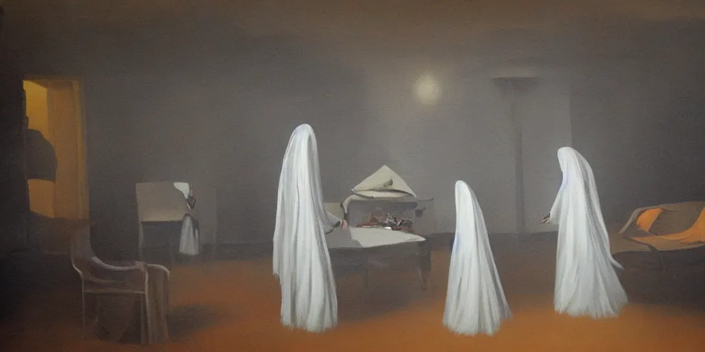 Image similar to surreal painting of ghosts in a room