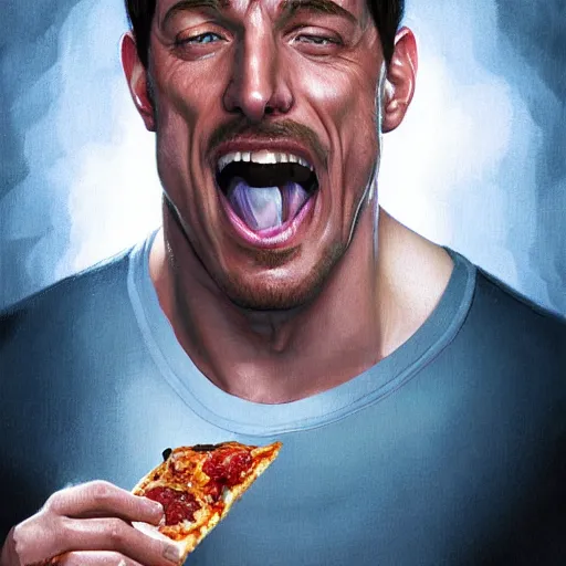 Image similar to portrait of Tony Robbins opening his mouth to eat pizza, also smashing pizza with his fists, highly detailed, digital painting, artstation, concept art, sharp focus, illustration, art by artgerm and greg rutkowski and alphonse mucha