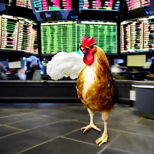 Prompt: a chicken celebrating a huge profit on the stock market