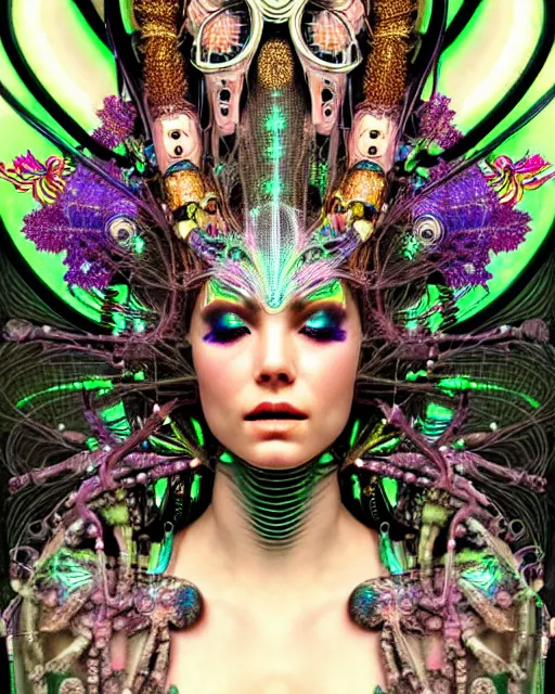 Prompt: hyperrealistic detailed portrait of a beautiful goddess in a cyber headdress, intricate cyberpunk neon make - up, art by ernst haeckel, nekro borja, alphonso mucha, h. r. giger, ornamental gothic - cyberpunk,
