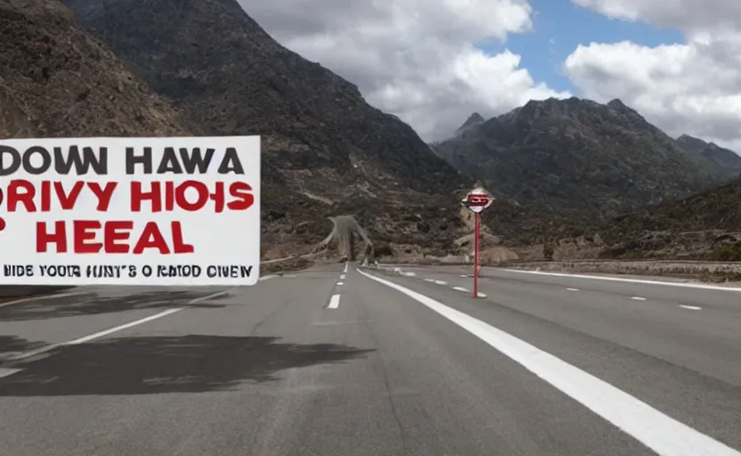 Prompt: Driving down the literal highway to hell, viral campaign ad