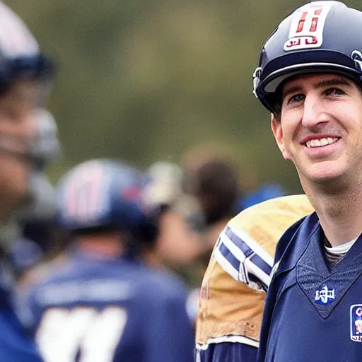 Image similar to a photo of a house burning down in the background and eli manning with an eerie expression in the foreground, strong depth of field