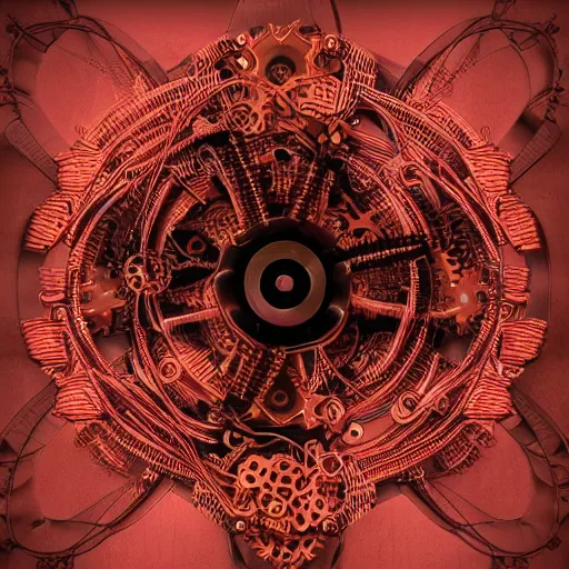 Prompt: biomechanical flower, gears, cables, wires for roots, dark red sunset background, steampunk, intricate details, 5 0 mm lens