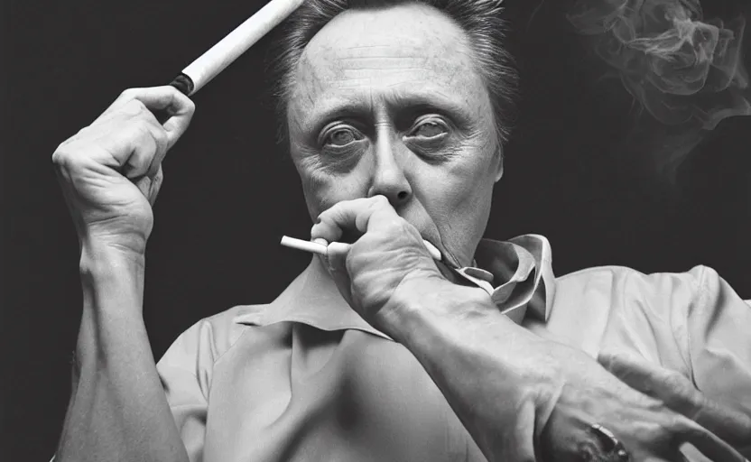 Prompt: Christopher Walken shooting pool and smoking a cigarette in the style of Annie Leibovitz, Hasselblad medium format digital camera, candid, soft lighting, subdued colors, dark, moody, shallow depth of field, highly detailed, photorealistic,