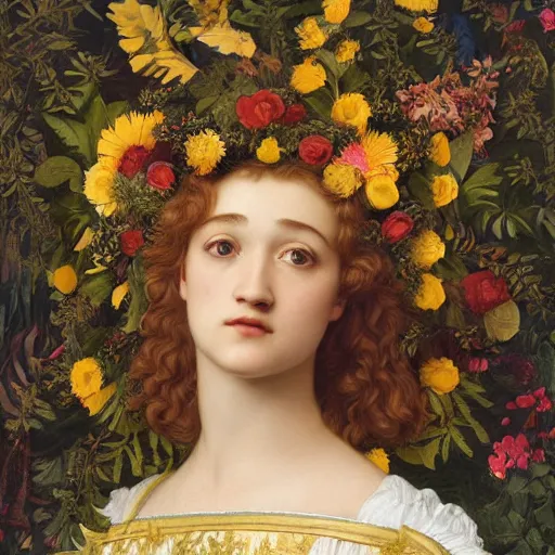 Image similar to masterpiece beautiful seductive flowing curves preraphaelite face midsommar portrait of julia garner as the may queen, flower crown, amongst leaves, yellow ochre ornate medieval dress, amongst foliage, gold gilded circle halo, kilian eng and frederic leighton and rosetti, 4 k