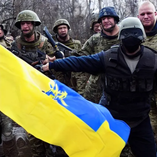 Prompt: Joe Biden fights in the azov battalion in the Ukraine War holding a ukrainian flag