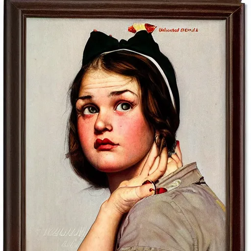 Image similar to A sad girl portrait, centered, artwork by Norman Rockwell, cinematic view, high quality