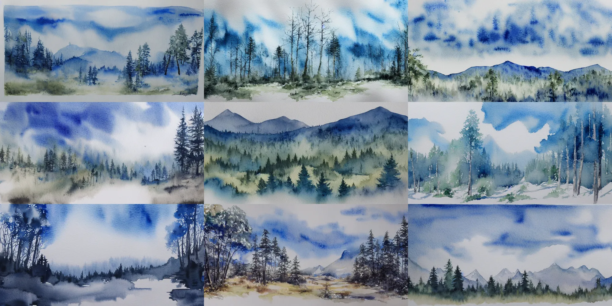 Prompt: modern highly detailed watercolor painting white sky and blue landscape forest mountainous trending on artstation