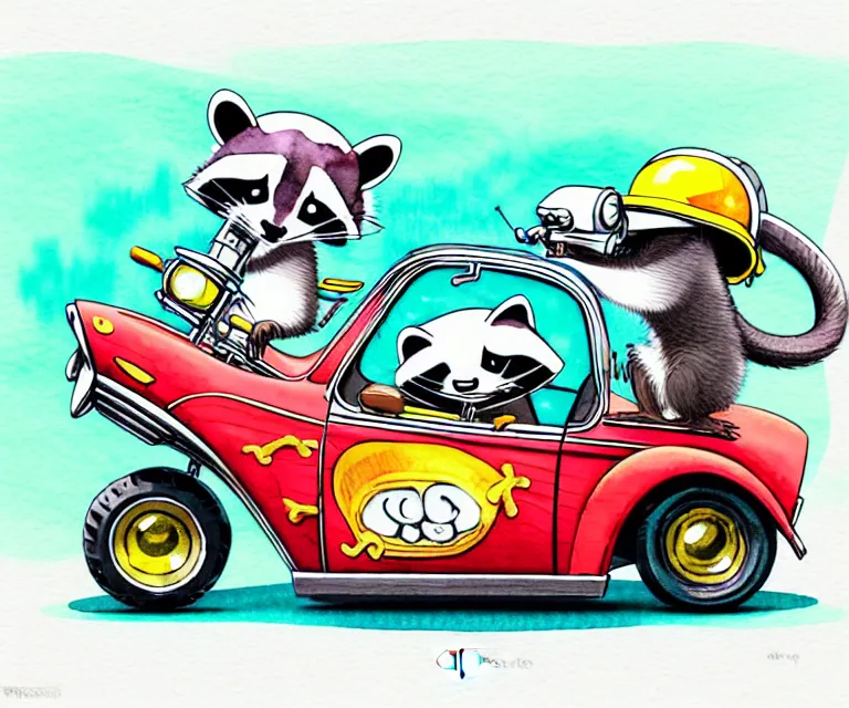 Image similar to cute and funny, racoon wearing a helmet riding in a tiny hot rod with oversized engine, ratfink style by ed roth, centered award winning watercolor pen illustration, isometric illustration by chihiro iwasaki, edited by range murata, tiny details by artgerm and watercolor girl, symmetrically isometrically centered and focused