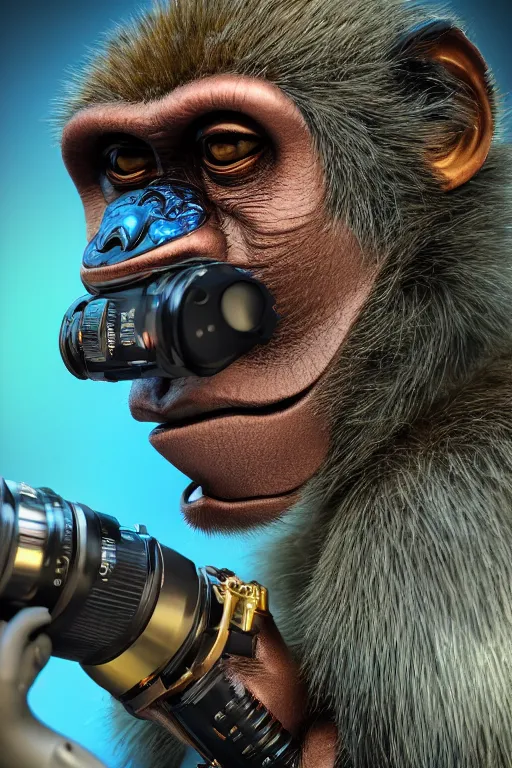 Image similar to Photography of ultra mega super hyper realistic detailed monkey in cyberpunk suit with many details by Hiromasa Ogura . Photo shot from 30m distance on ultra mega super hyper Leica Q2 Camera, Rendered in VRAY and DaVinci Resolve and MAXWELL and LUMION 3D, Volumetric cyan gold natural light