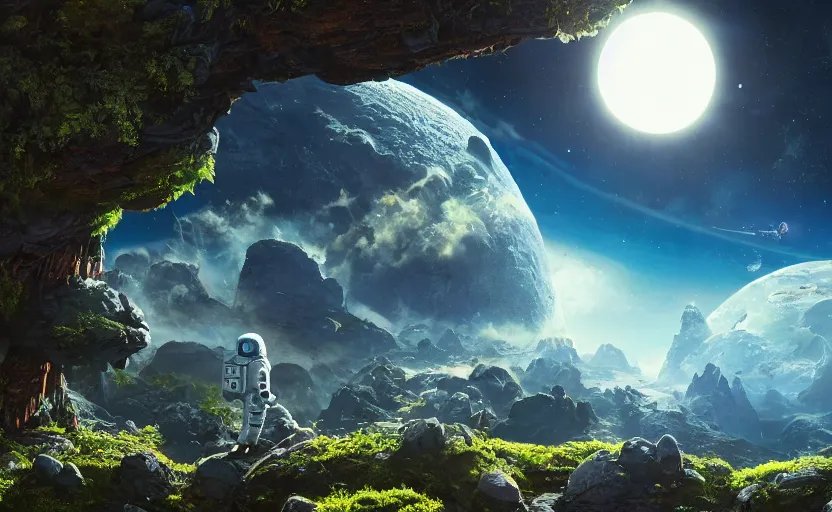 Prompt: a astronaut walking on a alien planet full of alien plants amd animals with a giant blue planet in the sky, hyperrealistic, octane render, unreal engine 5, 8k hdr, highly detailed, high quality, post processed, calm, beautiful landscape, Ferdinand Knab, concept art