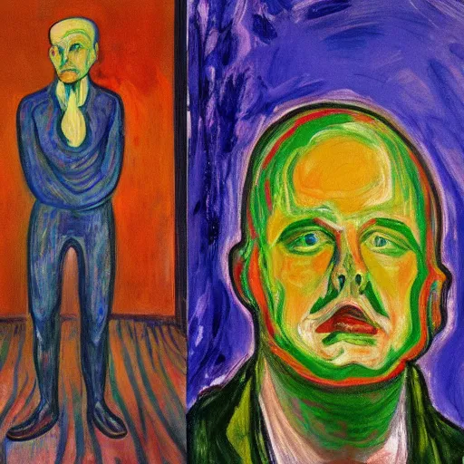 Prompt: a painting of a person standing in front of a painting, a fine art painting by munch, reddit, neo - expressionism, academic art, fauvism, art