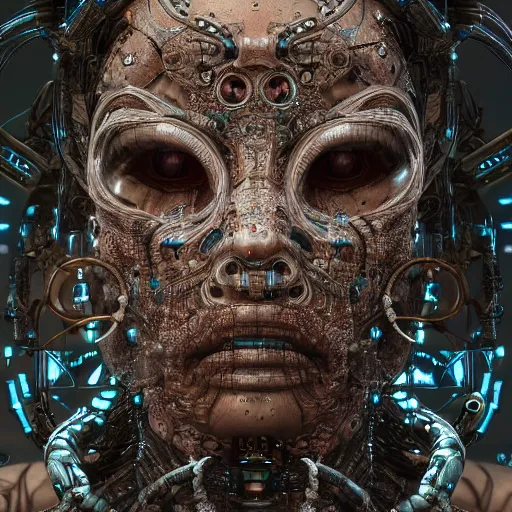 Image similar to timeless cybernetic deity with circuitry skin and networked mind tripping on acid, intricate detail, royo, whealan, giger, klimt, hd, octane render, unreal engine,