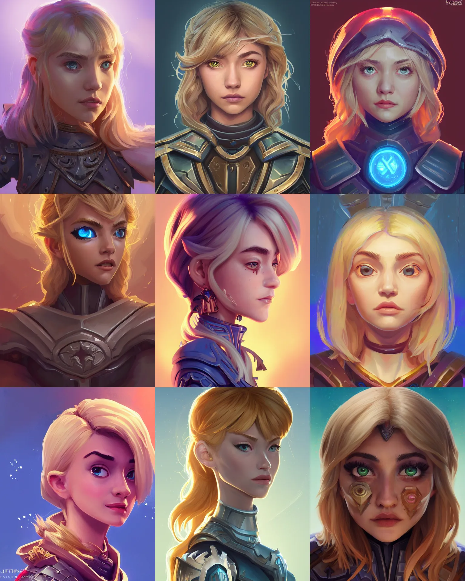 Prompt: masterpiece head-on symmetrical centered painted portrait, just one head, Imogen Poots as a paladin, blonde hair, RPG character avatar, Hearthstone concept art, pixar, dreamworks, gradient background, splash comics, global illumination lighting, trending on artstation, by lois van baarle, ilya kuvshinov, rossdraws