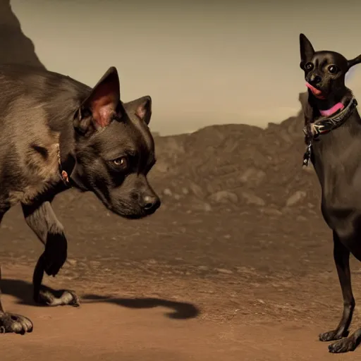 Image similar to The black chihuahua trotted up beside the duke. He sniffed at the air, parched and desperate for water, then inflected his ears to listen. The sound of the wastelands had grown distant over the last few days, but it was still there: the strange howling that had disturbed their sleep during the first week in the wastes.