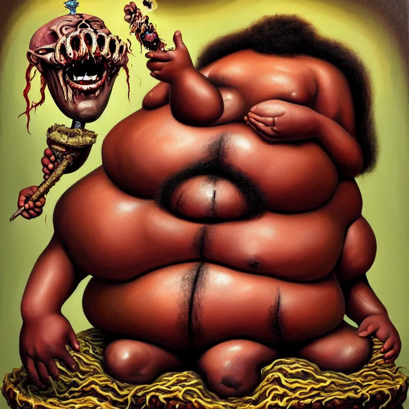 Image similar to painting of a very fat flesh - eating tsikalawe with a thick moustache sitting on a throne, eating the leg of a terrified man, his hair is a nuclear explosion, cute, hilarious, disturbing, nightmare, highly detailed, funny, hahahaha, by david cronenberg, found on artstation, hyperrealistic digital art