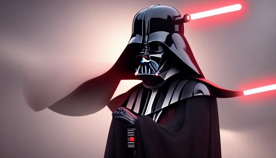 Image similar to darth vader wearing a birthday - hat eats icecream, photorealistic rendering, hyperdetailed, octane, redshift, atmospheric lighting, cinematic composition, wallpaper