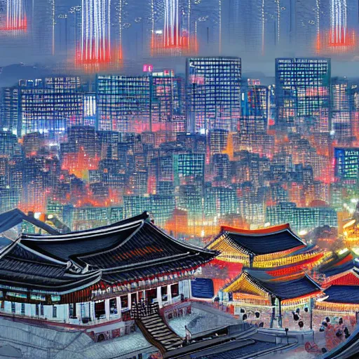 Prompt: 2 0 7 7 year of seoul, gwanghwamun, cyberfunk