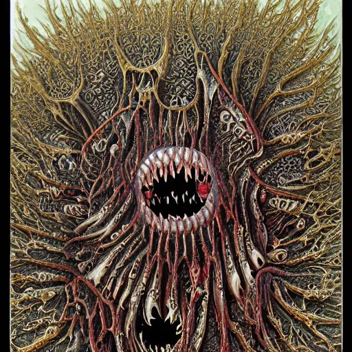 Prompt: Hyper detailed painting of an inhuman horrid fractal abomination covered in endless teeth as it devoures souls.