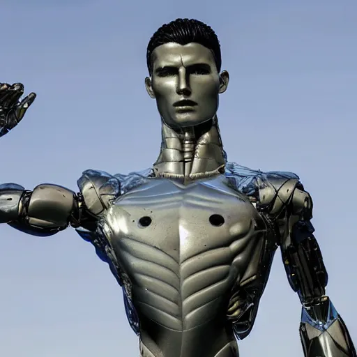 Image similar to a realistic detailed photo of a guy who is an attractive humanoid who is half robot and half humanoid, who is a male android, soccer player cristiano ronaldo, shiny skin, posing like a statue, blank stare, by the pool, on display, showing off his muscles, humanoid robot, frozen ice statue, made of ice